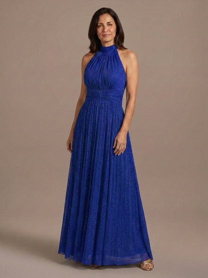 Vestido Halter de Gasa con Brillo - Azul Zafiro