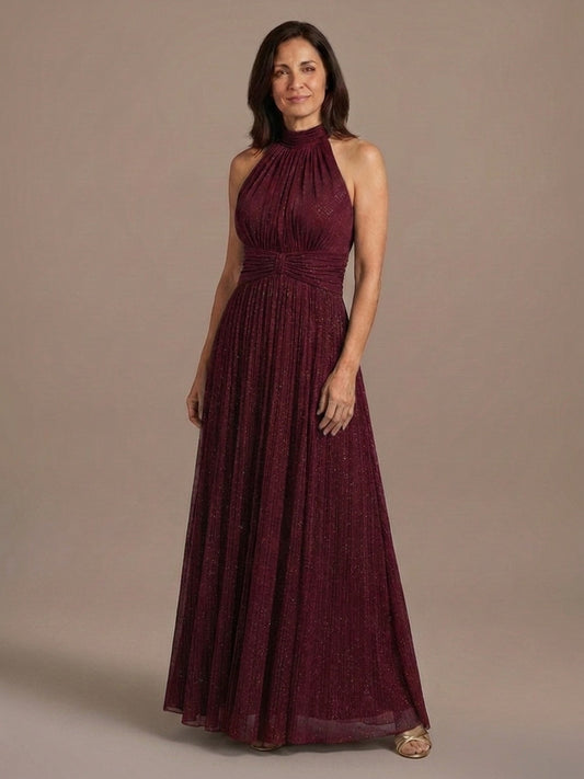 Vestido Halter de Gasa con Brillo - Burdeos