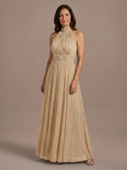 Vestido Halter de Gasa con Brillo - Champán
