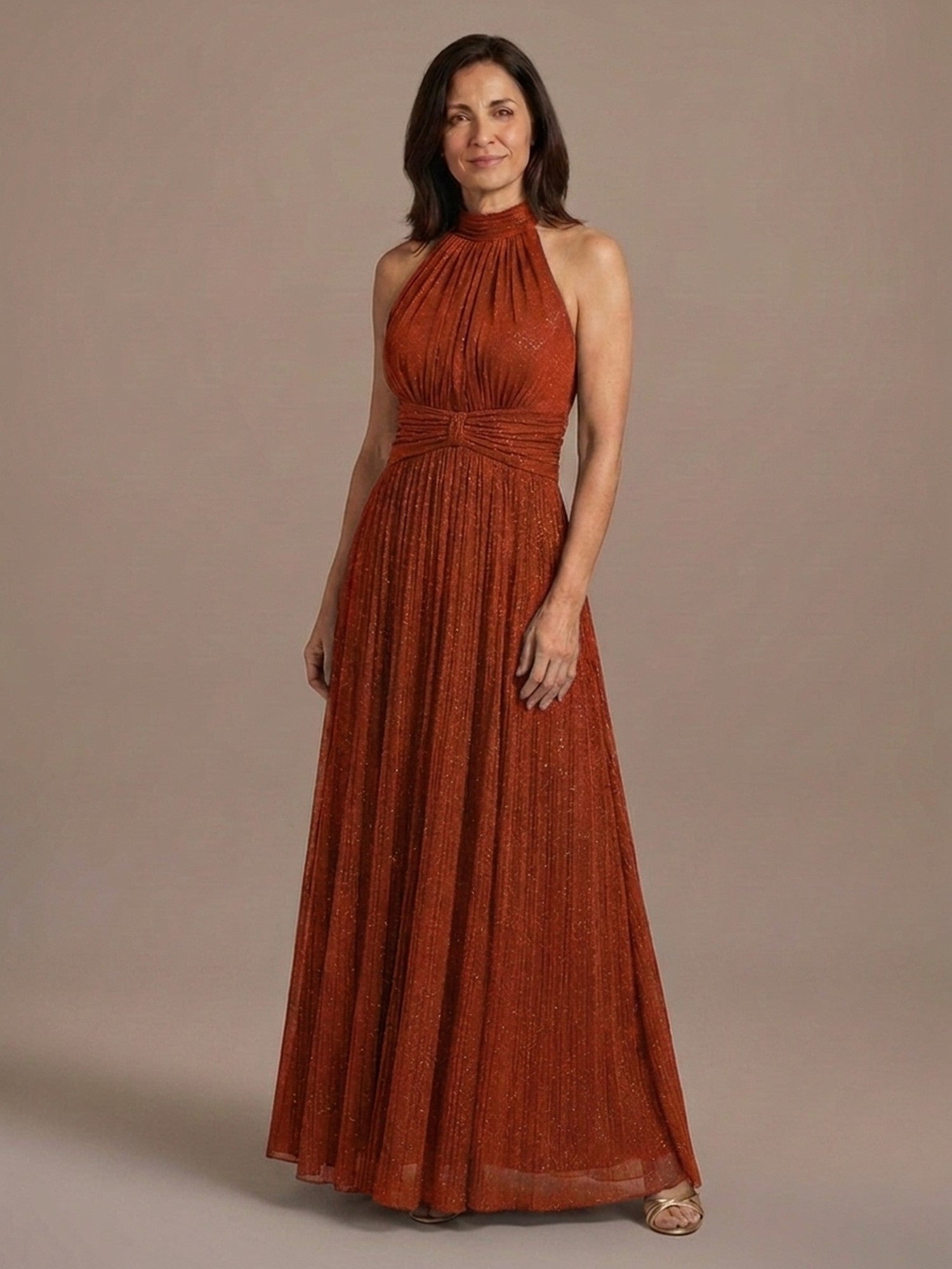Vestido Halter de Gasa con Brillo - Naranja Teja