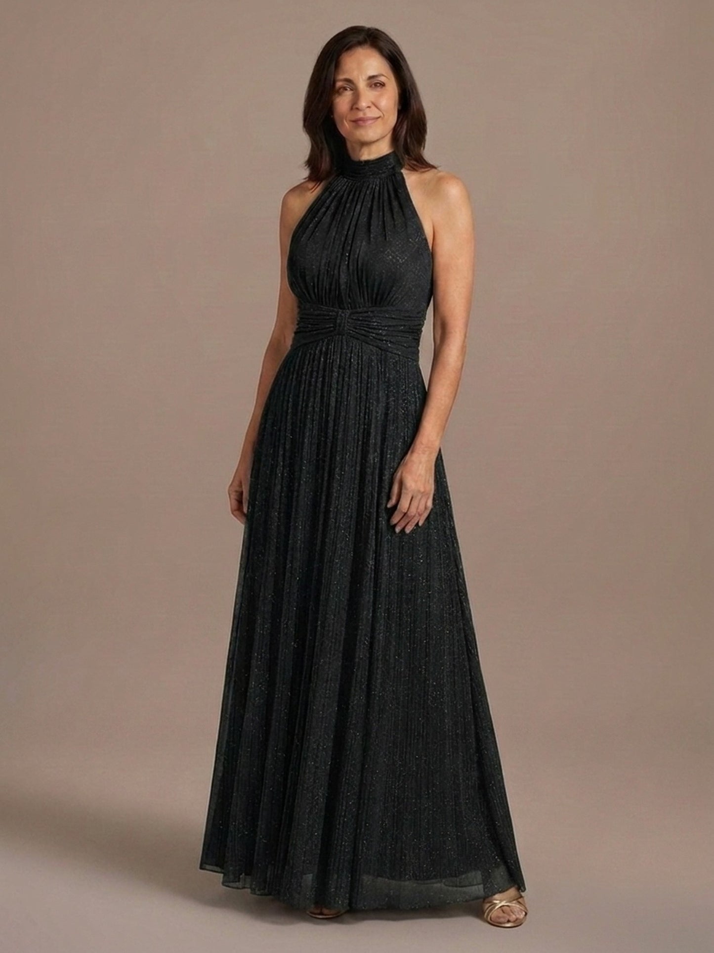 Vestido Halter de Gasa con Brillo - Negro