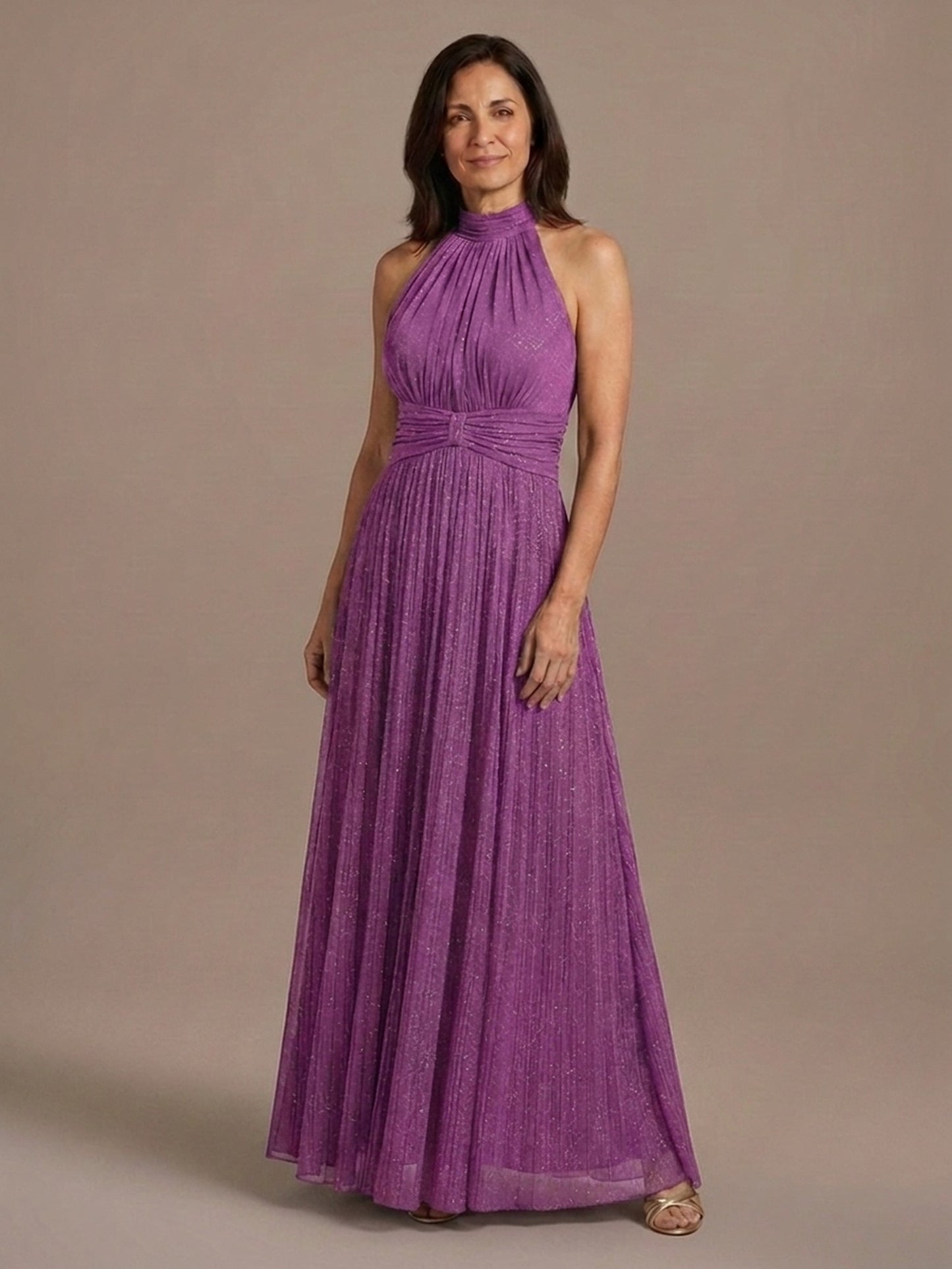 Vestido Halter de Gasa con Brillo - Orquídea