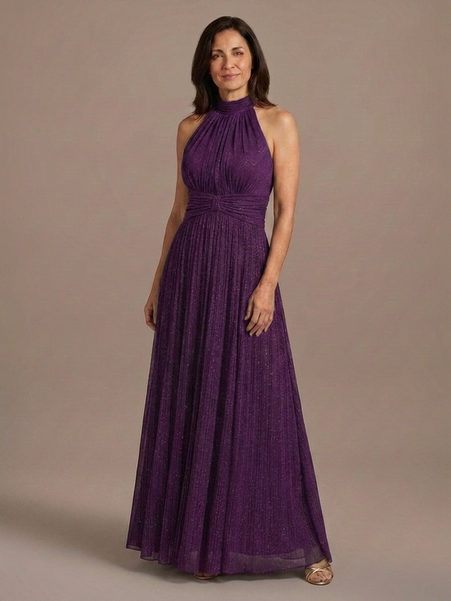 Vestido Halter de Gasa con Brillo - Uva Brillante