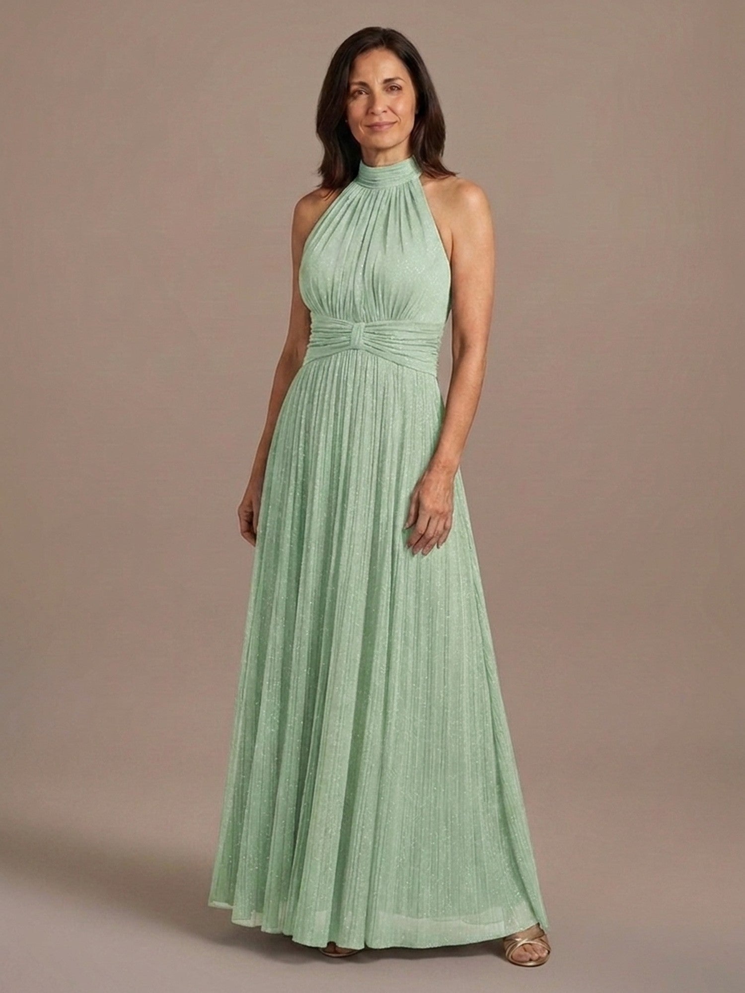 Vestido Halter de Gasa con Brillo - Verde Menta