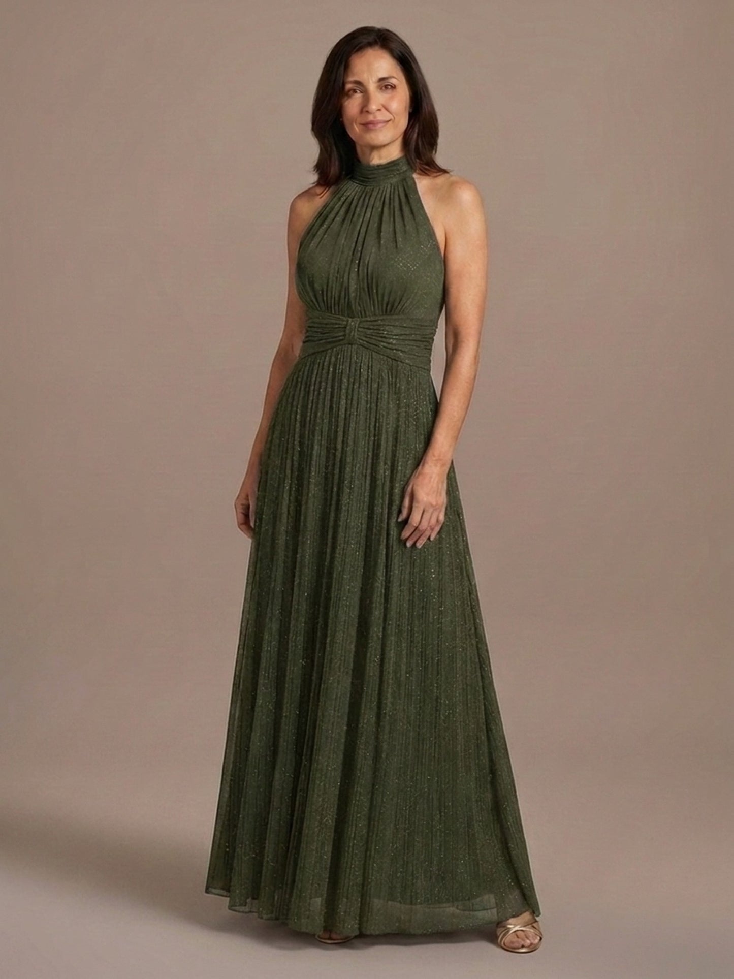 Vestido Halter de Gasa con Brillo - Verde Oliva