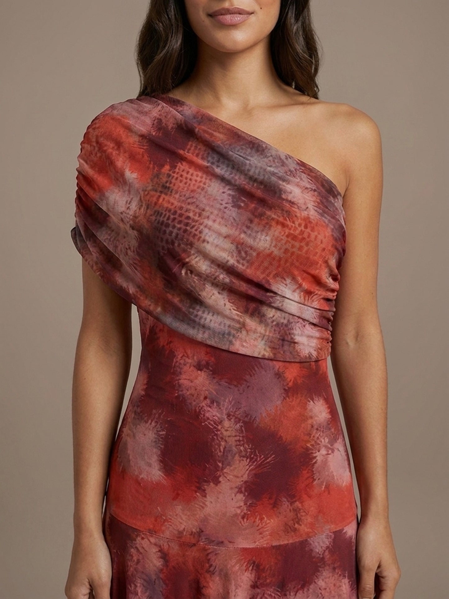 Vestido Largo de Un Hombro Estampado Acuarela - Rojo Acuarela