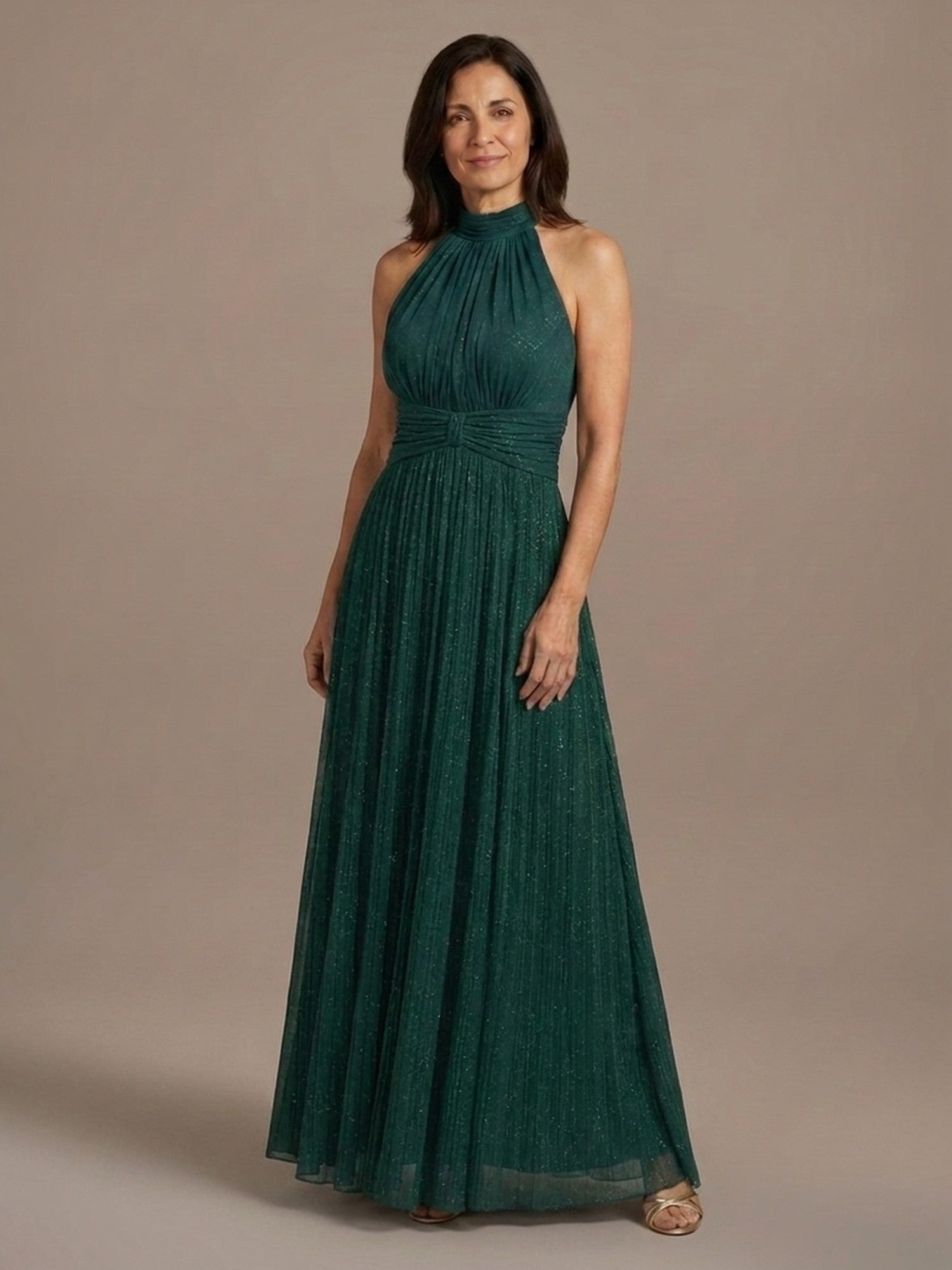 Vestido Halter de Gasa con Brillo - Verde Esmeralda