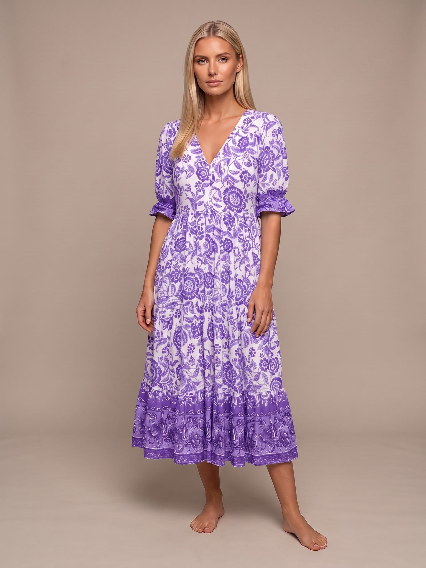 Manoli | Vestido Midi Floral con Cuello en V - Lila