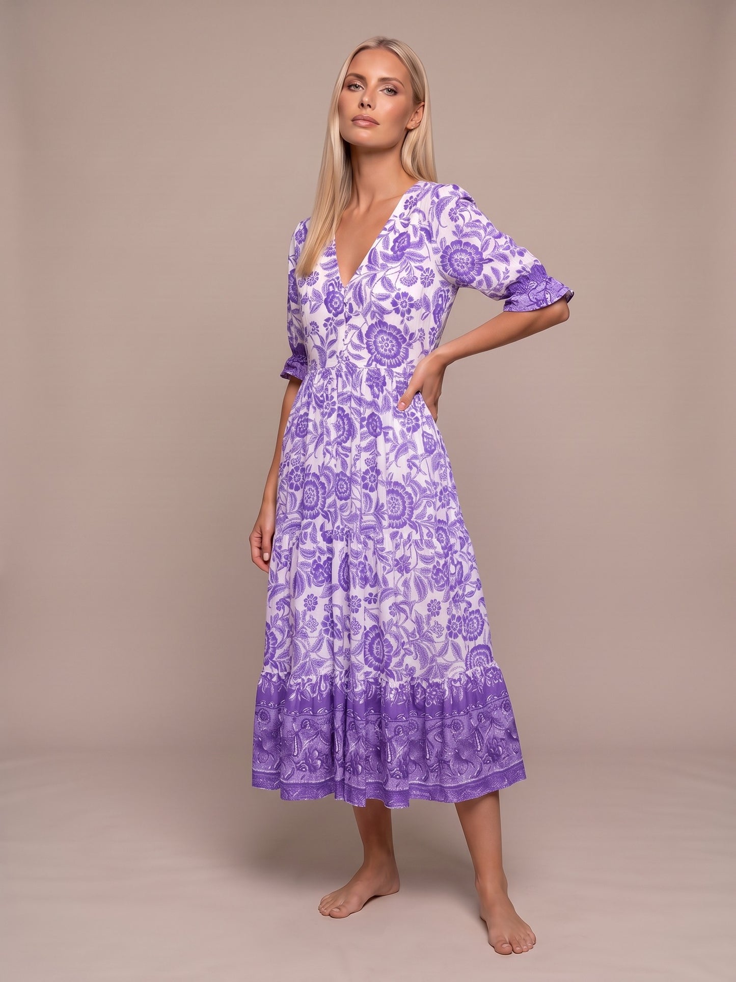 Manoli | Vestido Midi Floral con Cuello en V - Lila