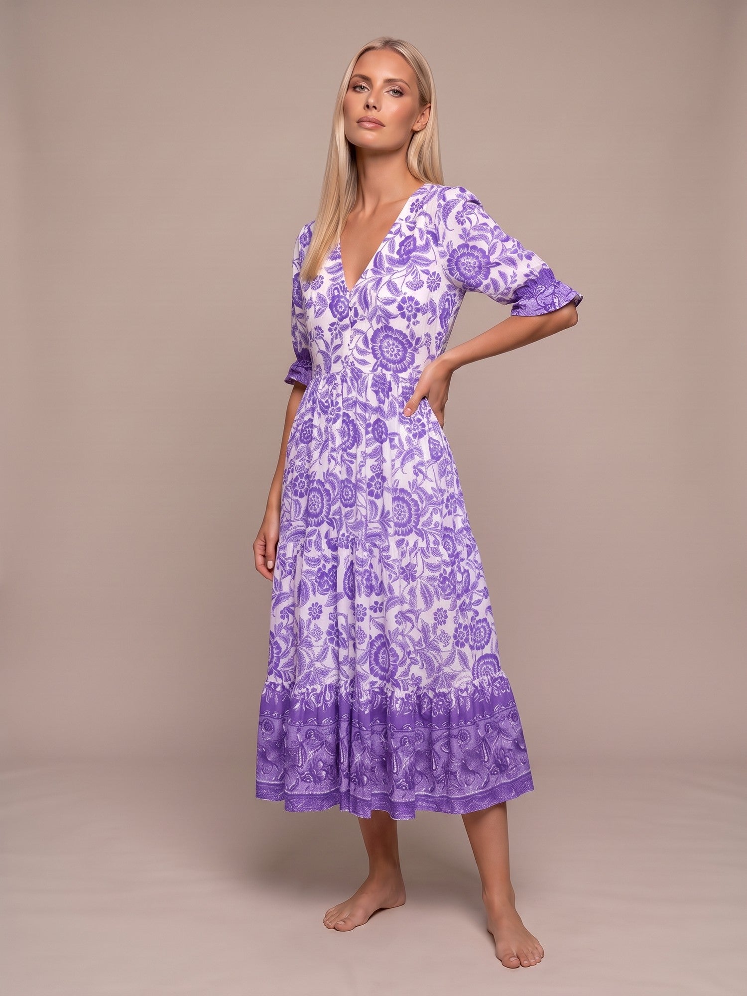 Manoli | Vestido Midi Floral con Cuello en V - Lila