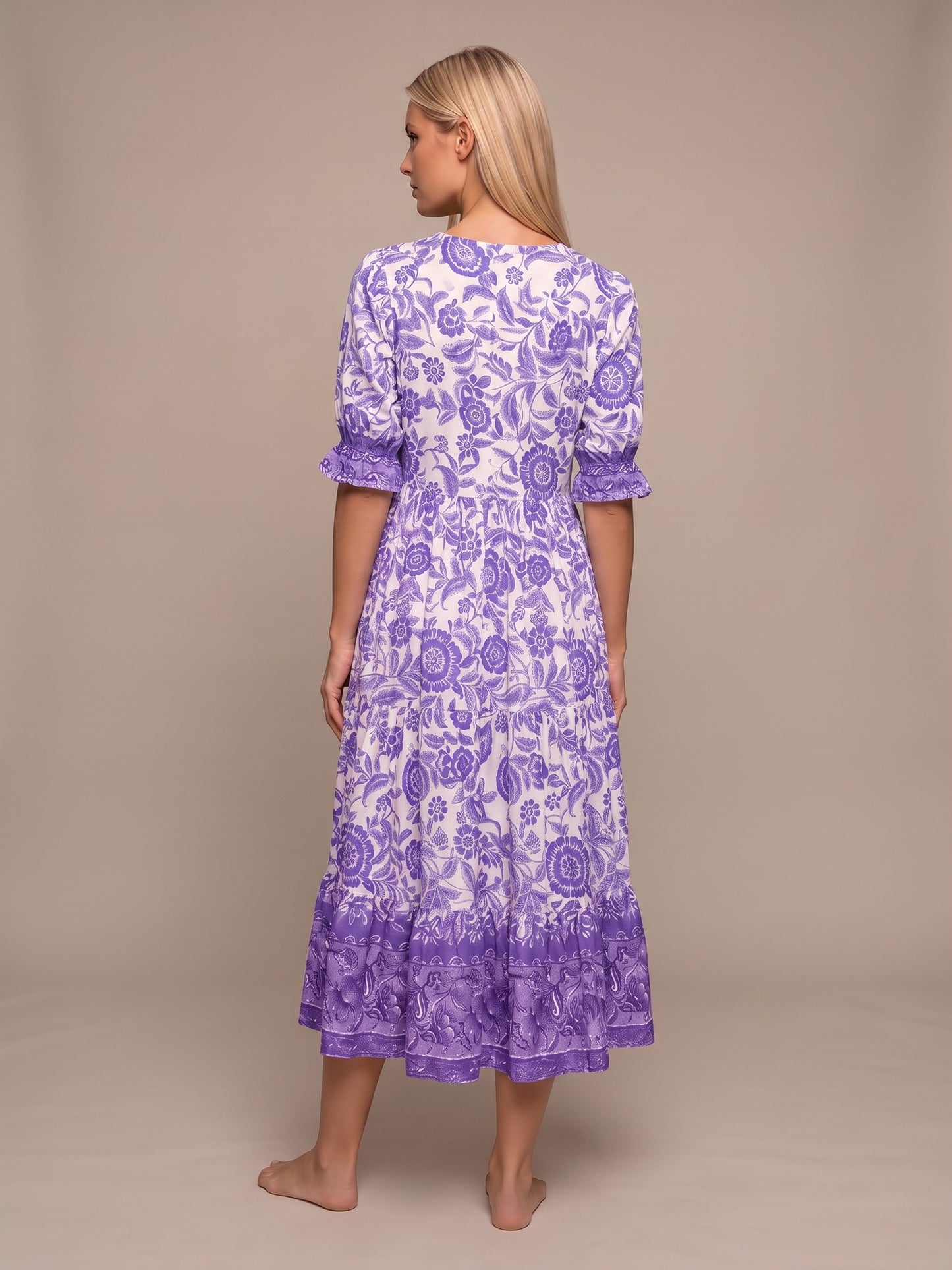 Manoli | Vestido Midi Floral con Cuello en V - Lila