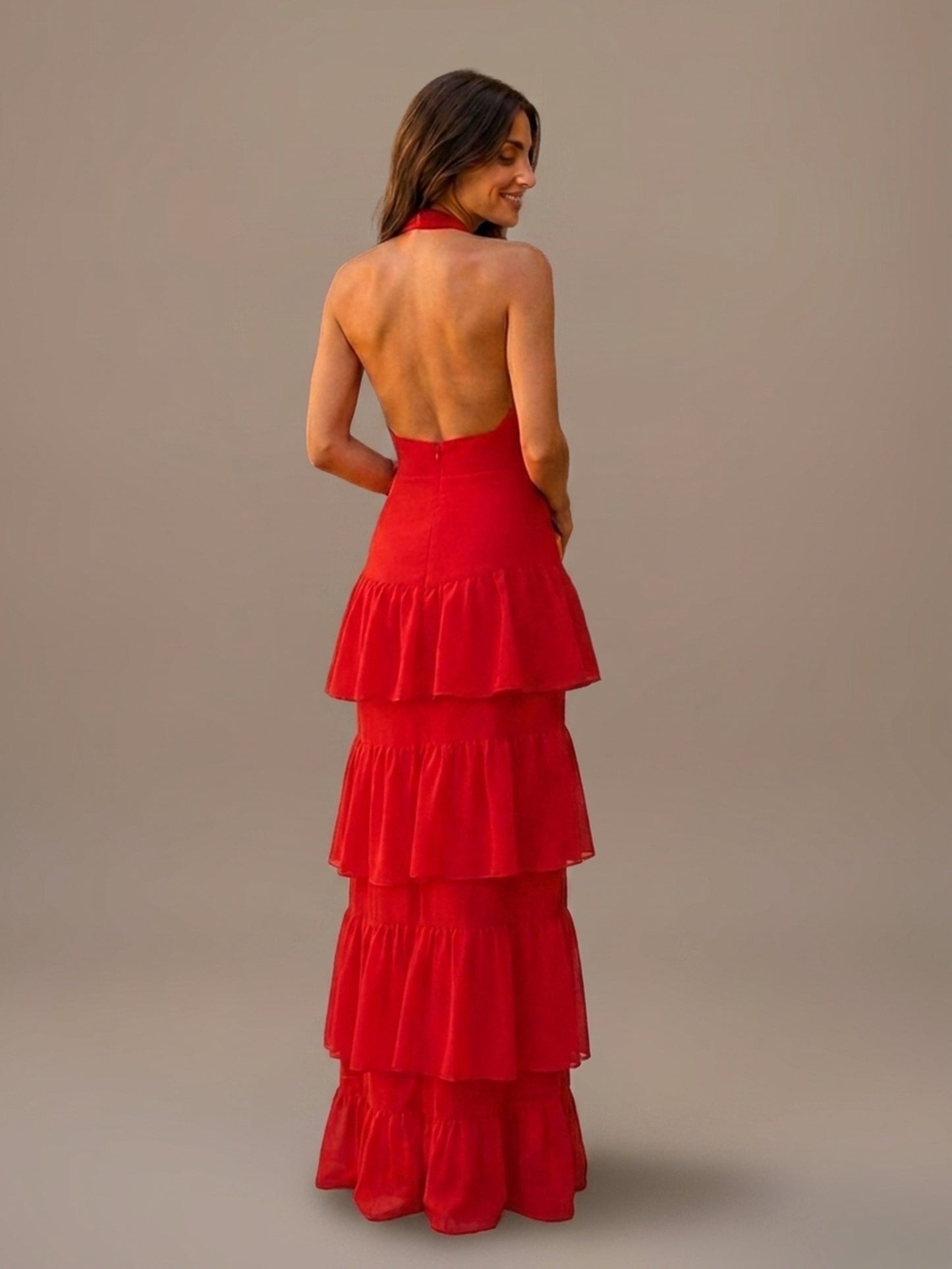 Vestido Largo Halter con Volantes - Rojo