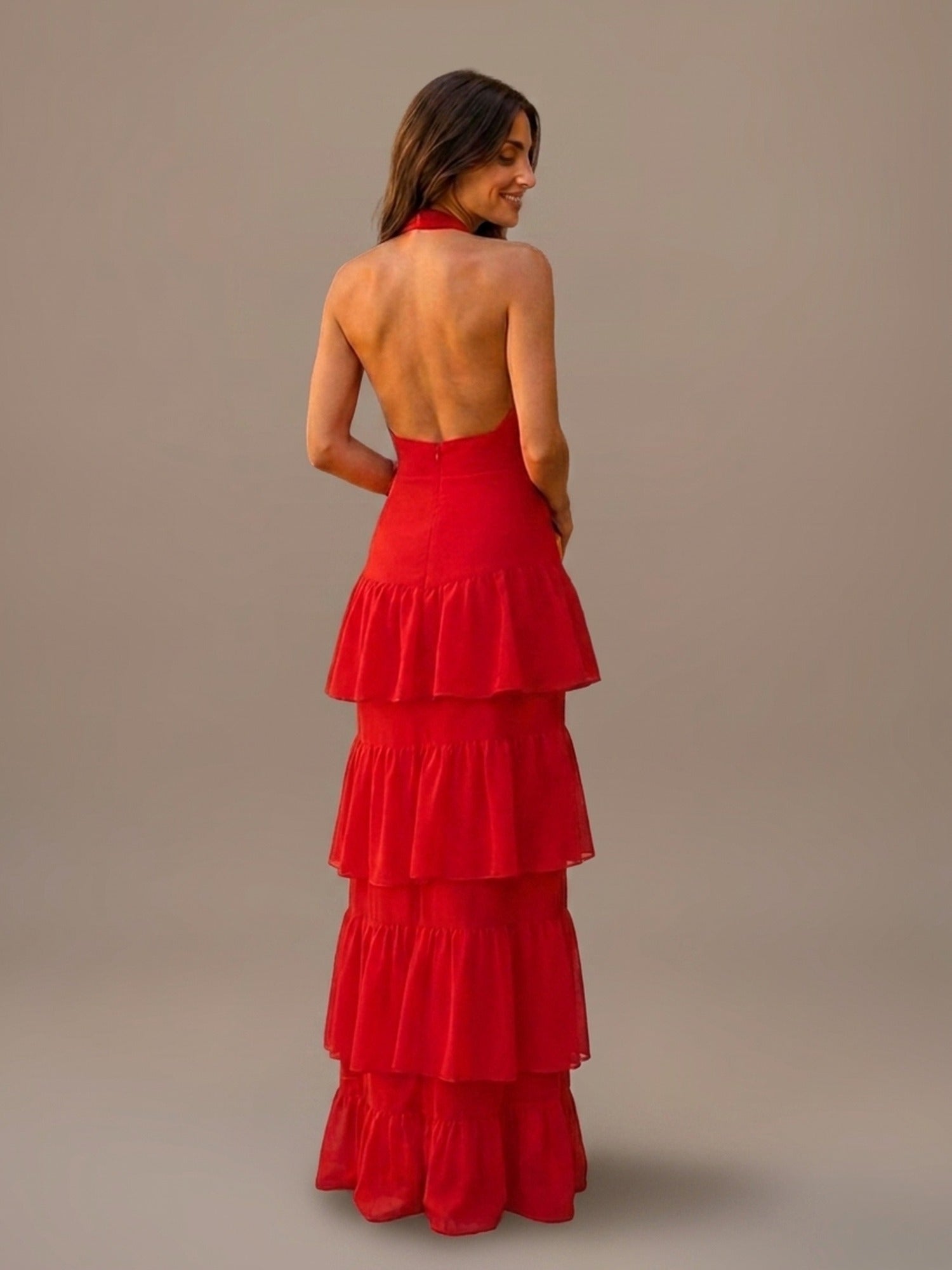 Vestido Largo Halter con Volantes - Rojo
