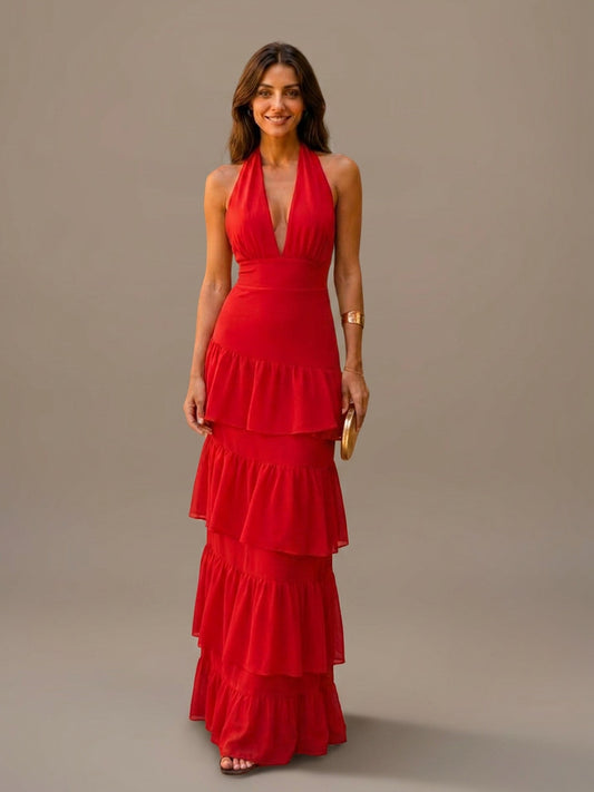 Vestido Largo Halter con Volantes - Rojo