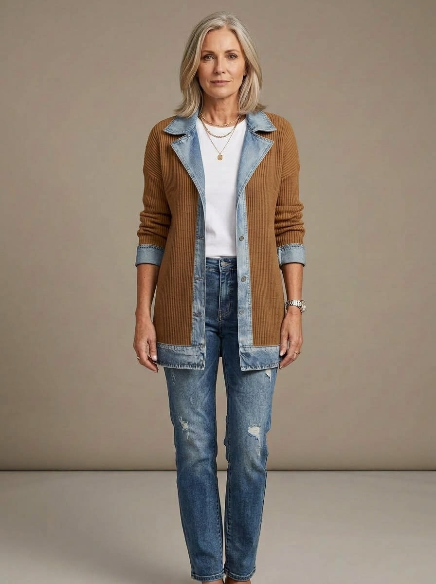 Martina — Chaqueta de Punto Acanalado con Vaquero - Camel · héroe