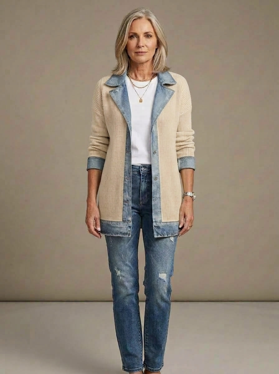 Martina — Chaqueta de Punto Acanalado con Vaquero - Blanco Roto · héroe