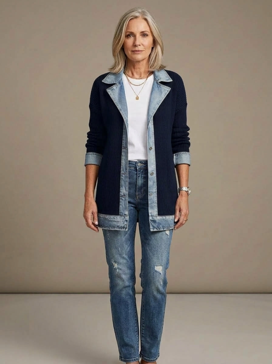 Martina — Chaqueta de Punto Acanalado con Vaquero - Azul Marino · héroe