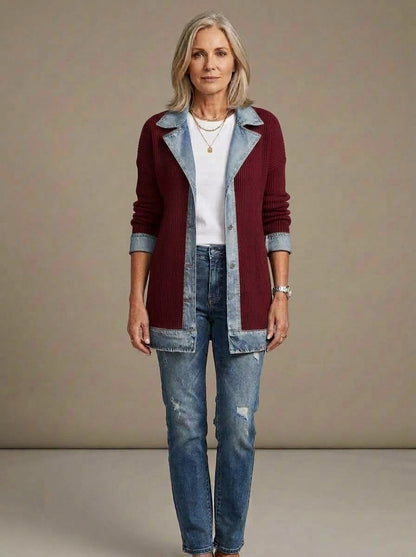 Martina — Chaqueta de Punto Acanalado con Vaquero - Rojo · héroe