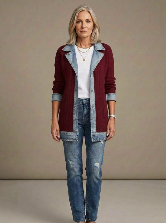 Martina — Chaqueta de Punto Acanalado con Vaquero - Rojo · héroe