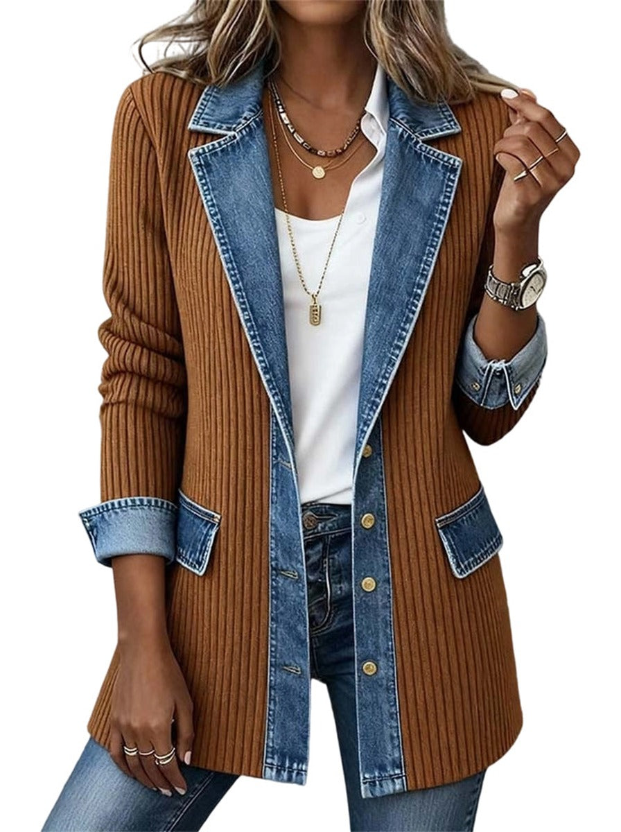 Martina — Chaqueta de Punto Acanalado con Vaquero - Camel