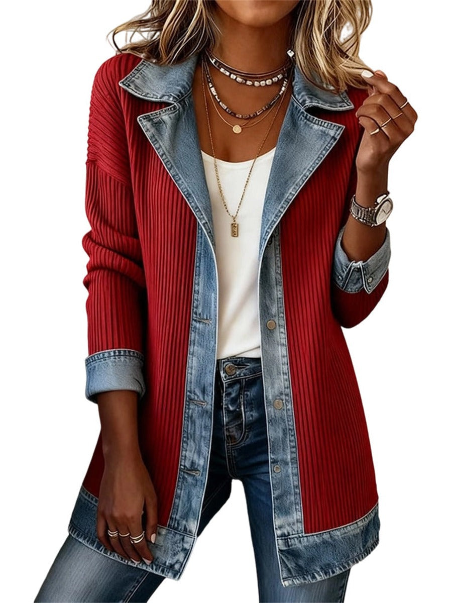 Martina — Chaqueta de Punto Acanalado con Vaquero - Rojo
