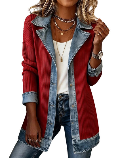 Martina — Chaqueta de Punto Acanalado con Vaquero - Rojo