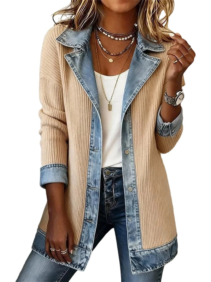 Martina — Chaqueta de Punto Acanalado con Vaquero - Beige