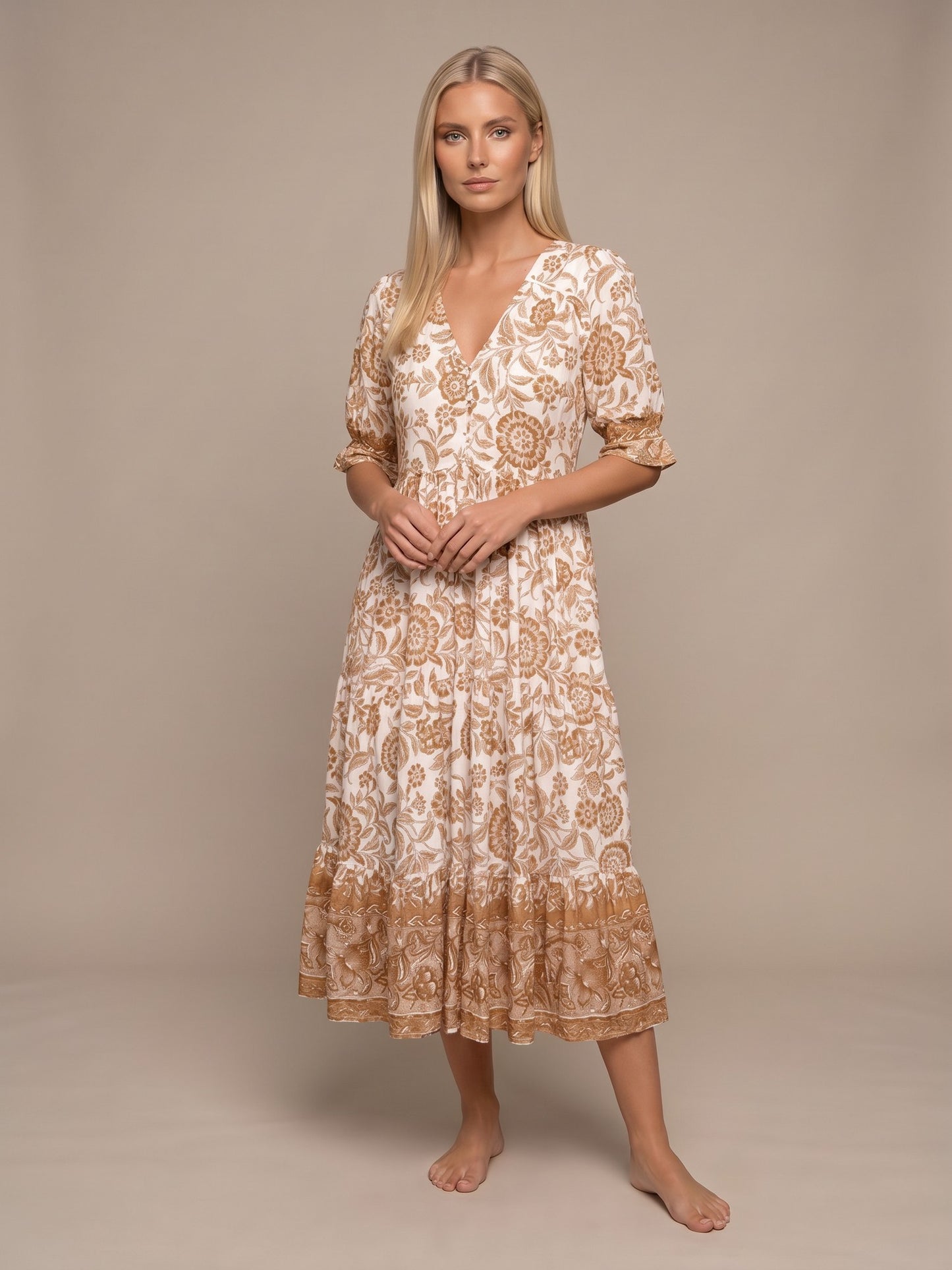 Manoli | Vestido Midi Floral con Cuello en V - Naranja