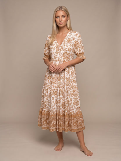Manoli | Vestido Midi Floral con Cuello en V - Naranja
