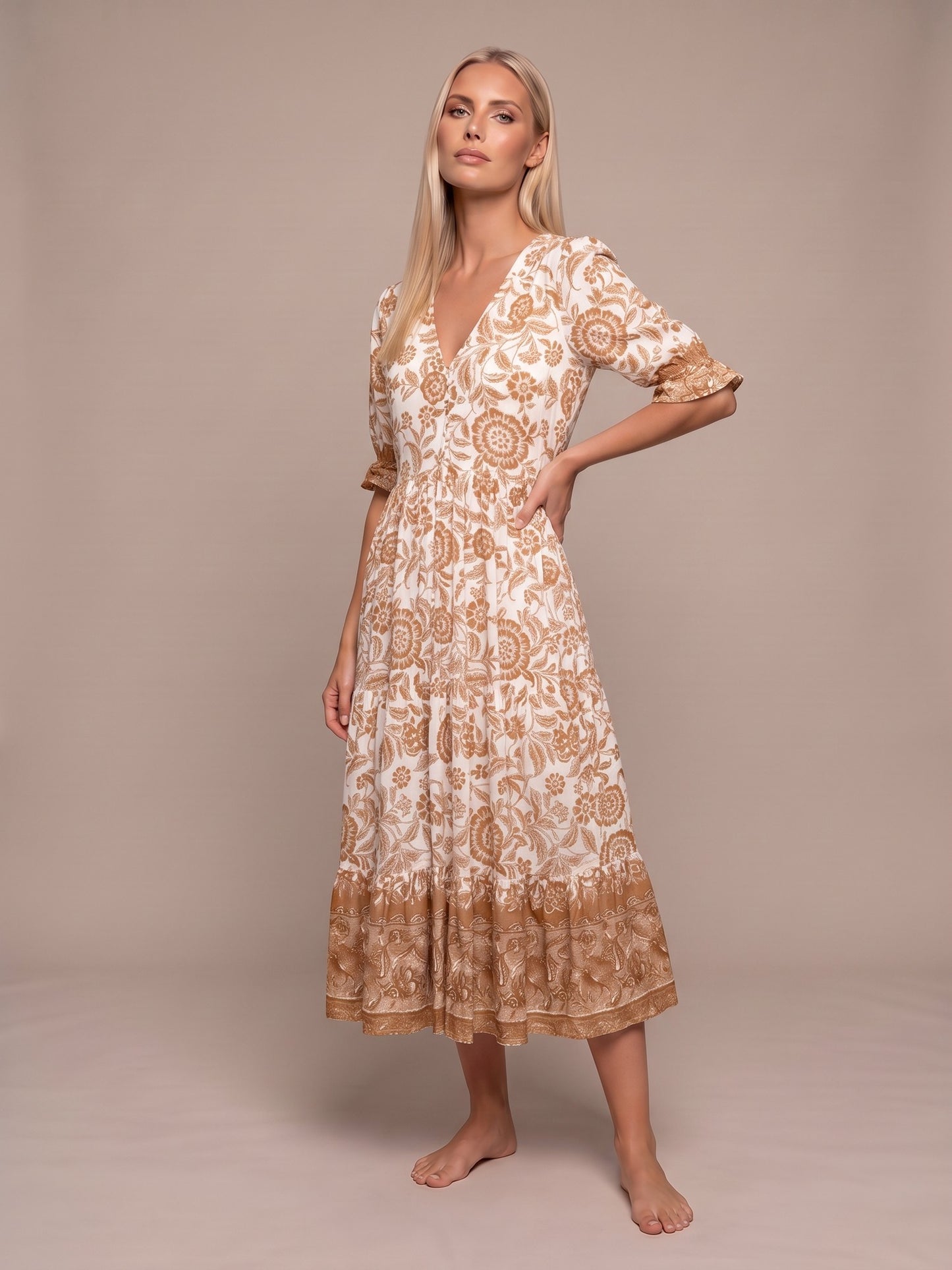 Manoli | Vestido Midi Floral con Cuello en V - Naranja
