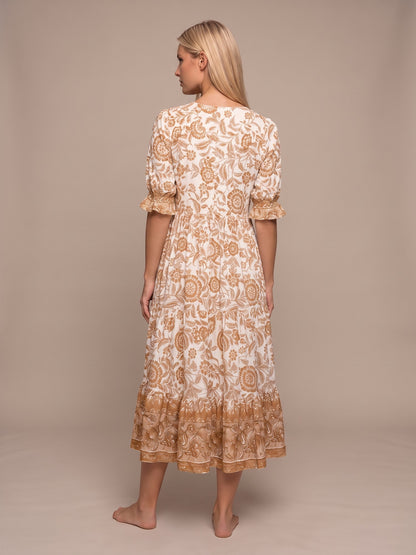 Manoli | Vestido Midi Floral con Cuello en V - Naranja