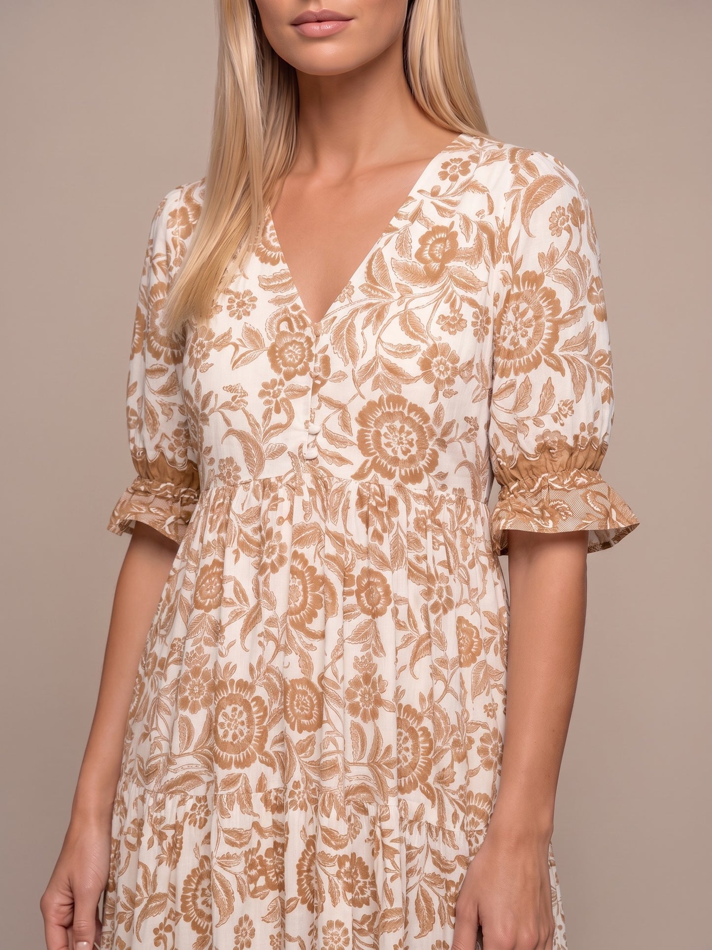 Manoli | Vestido Midi Floral con Cuello en V - Naranja