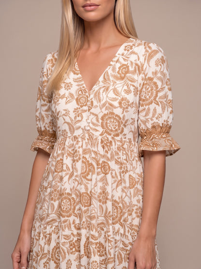 Manoli | Vestido Midi Floral con Cuello en V - Naranja