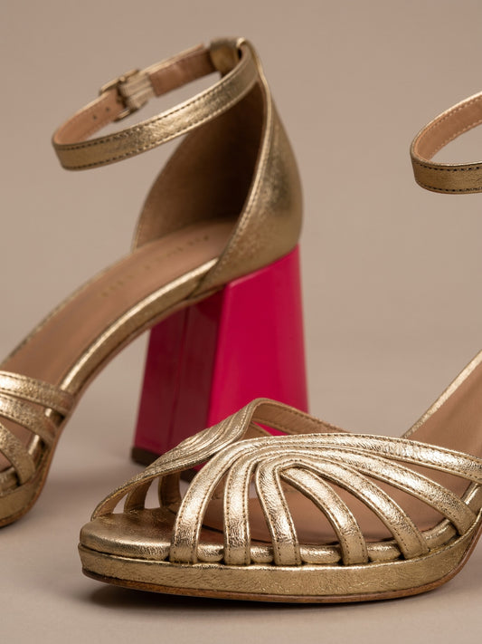 Nora | Sandalias Doradas de Tacón Bloque