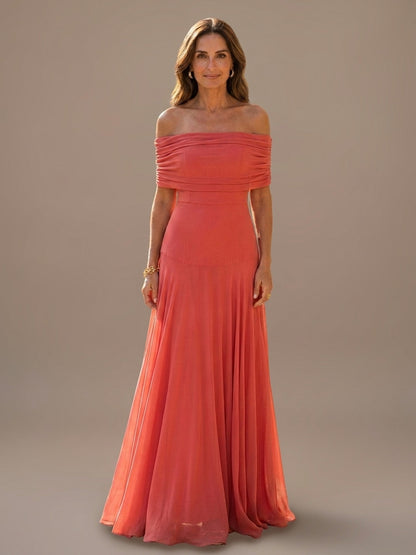 Vestido Largo de Gasa con Hombros Descubiertos - Coral