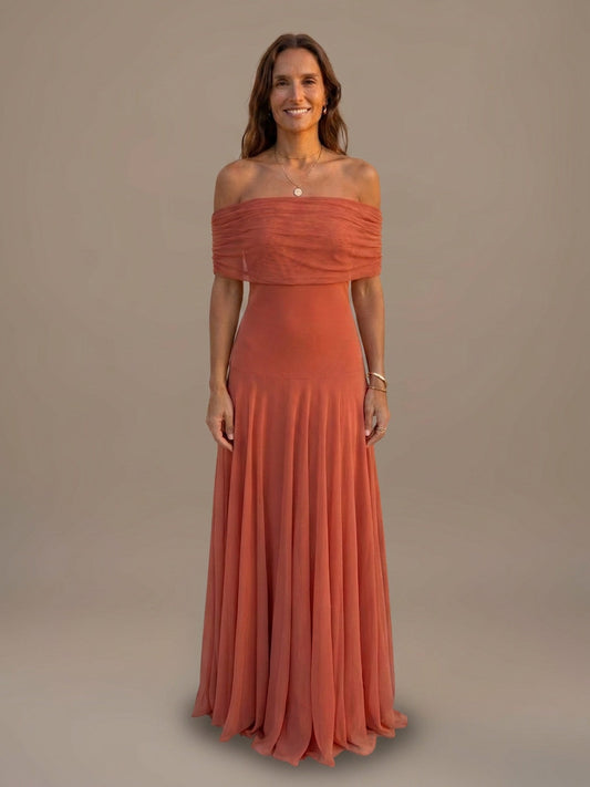 Vestido Largo de Gasa con Hombros Descubiertos - Teja