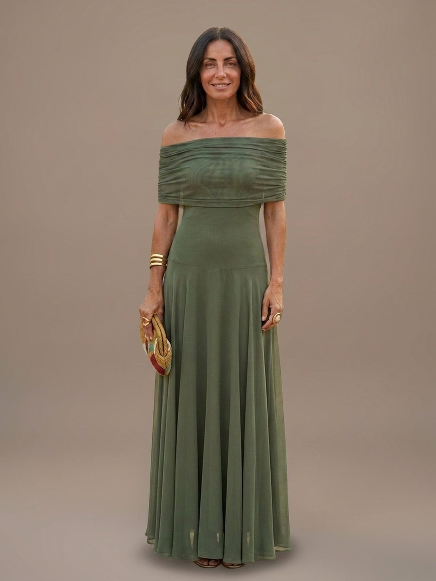 Vestido Largo de Gasa con Hombros Descubiertos - Verde