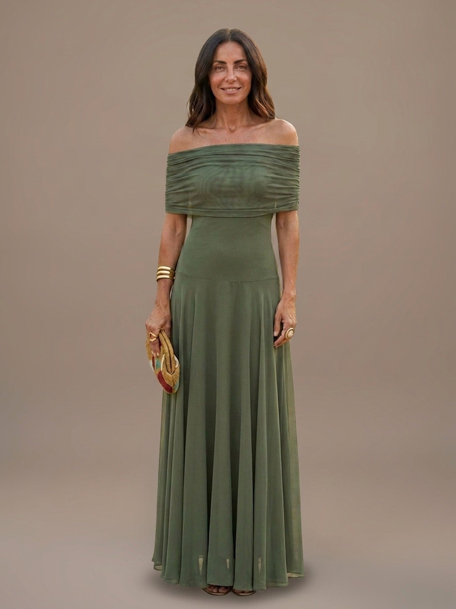 Vestido Largo de Gasa con Hombros Descubiertos - Verde