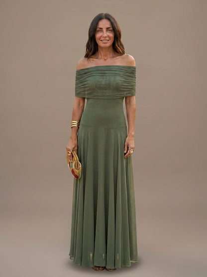 Vestido Largo de Gasa con Hombros Descubiertos - Verde