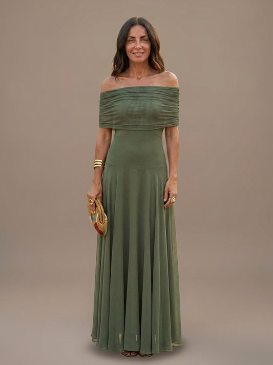 Vestido Largo de Gasa con Hombros Descubiertos - Verde