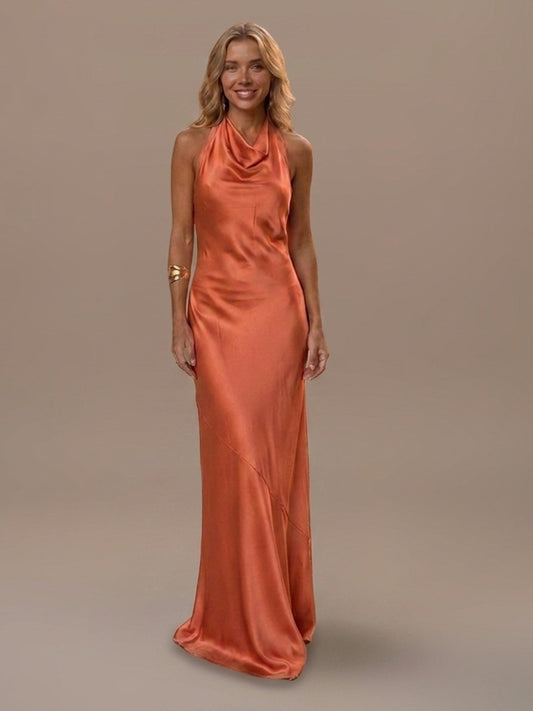 Vestido Largo Satinado con Escote Drapeado - Cobre