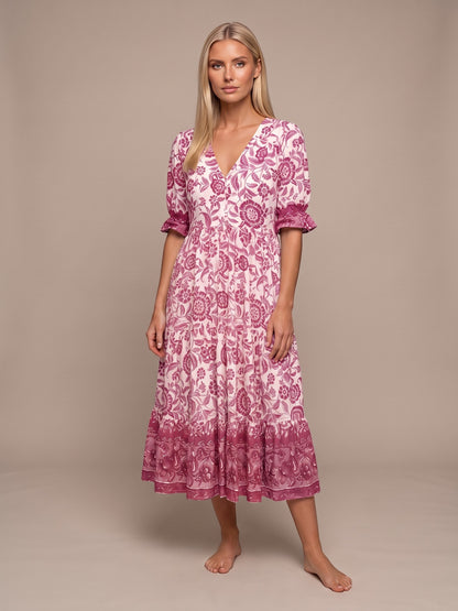 Manoli | Vestido Midi Floral con Cuello en V - Rosa