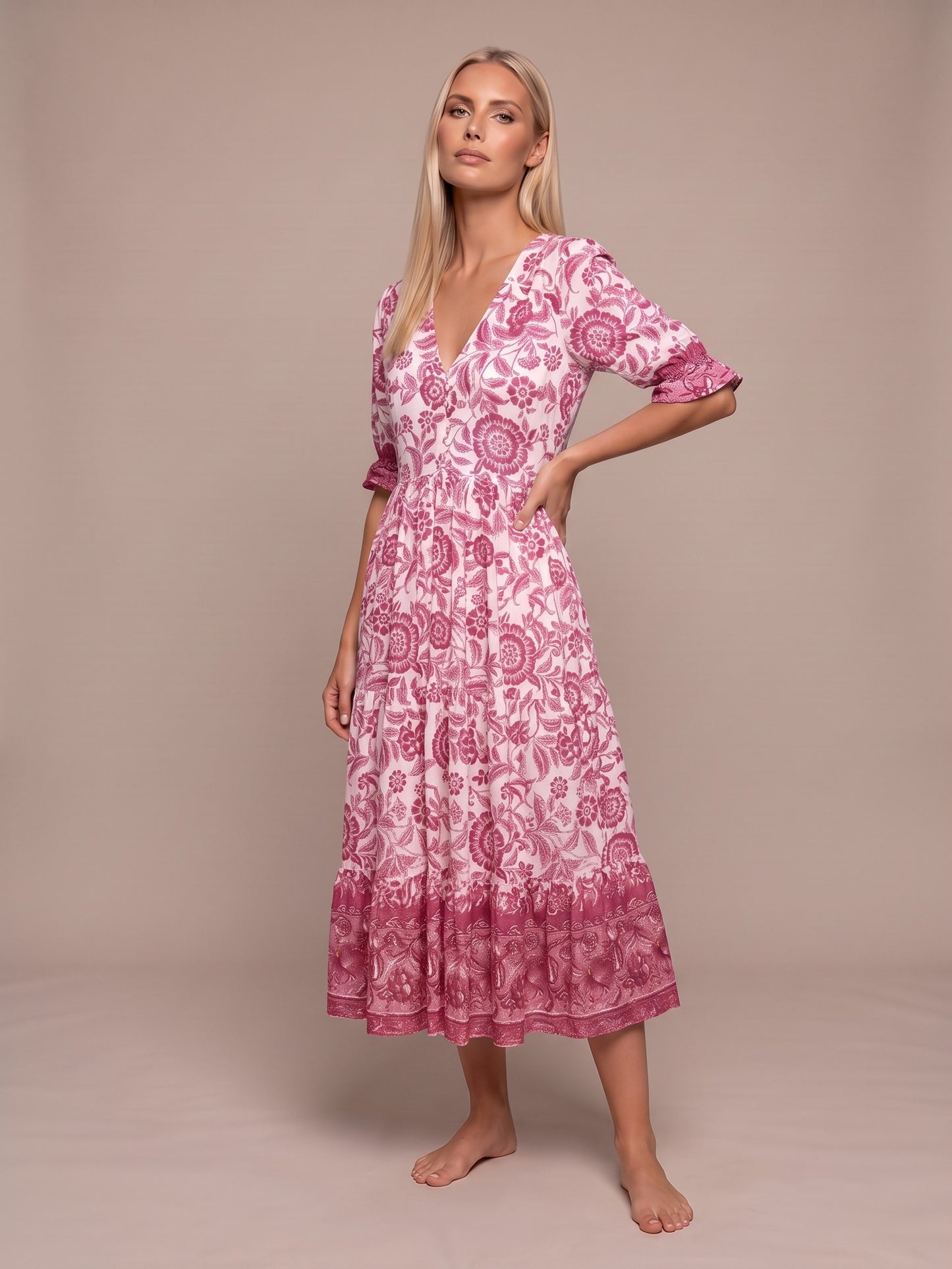 Manoli | Vestido Midi Floral con Cuello en V - Rosa