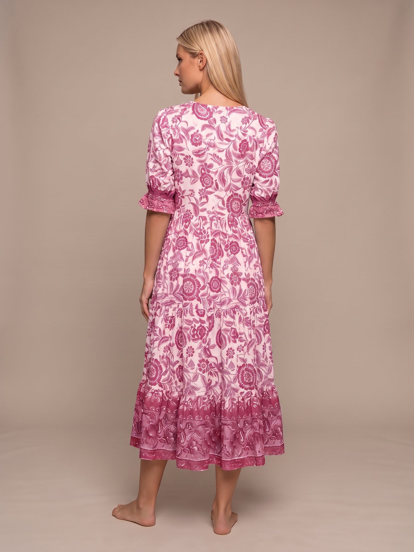 Manoli | Vestido Midi Floral con Cuello en V - Rosa