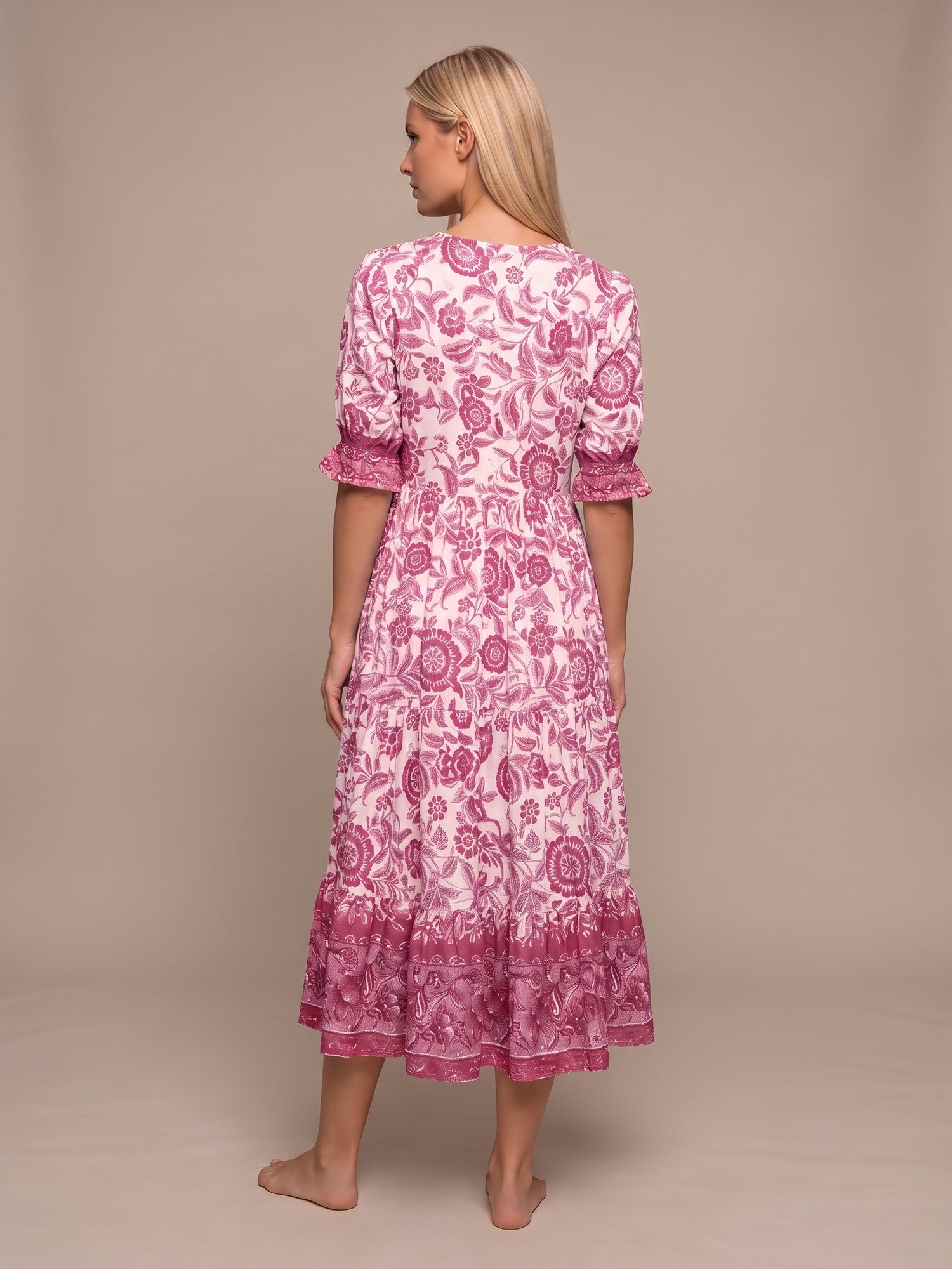 Manoli | Vestido Midi Floral con Cuello en V - Rosa