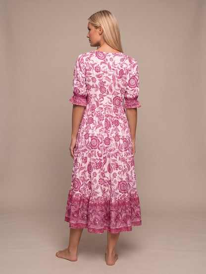 Manoli | Vestido Midi Floral con Cuello en V - Rosa