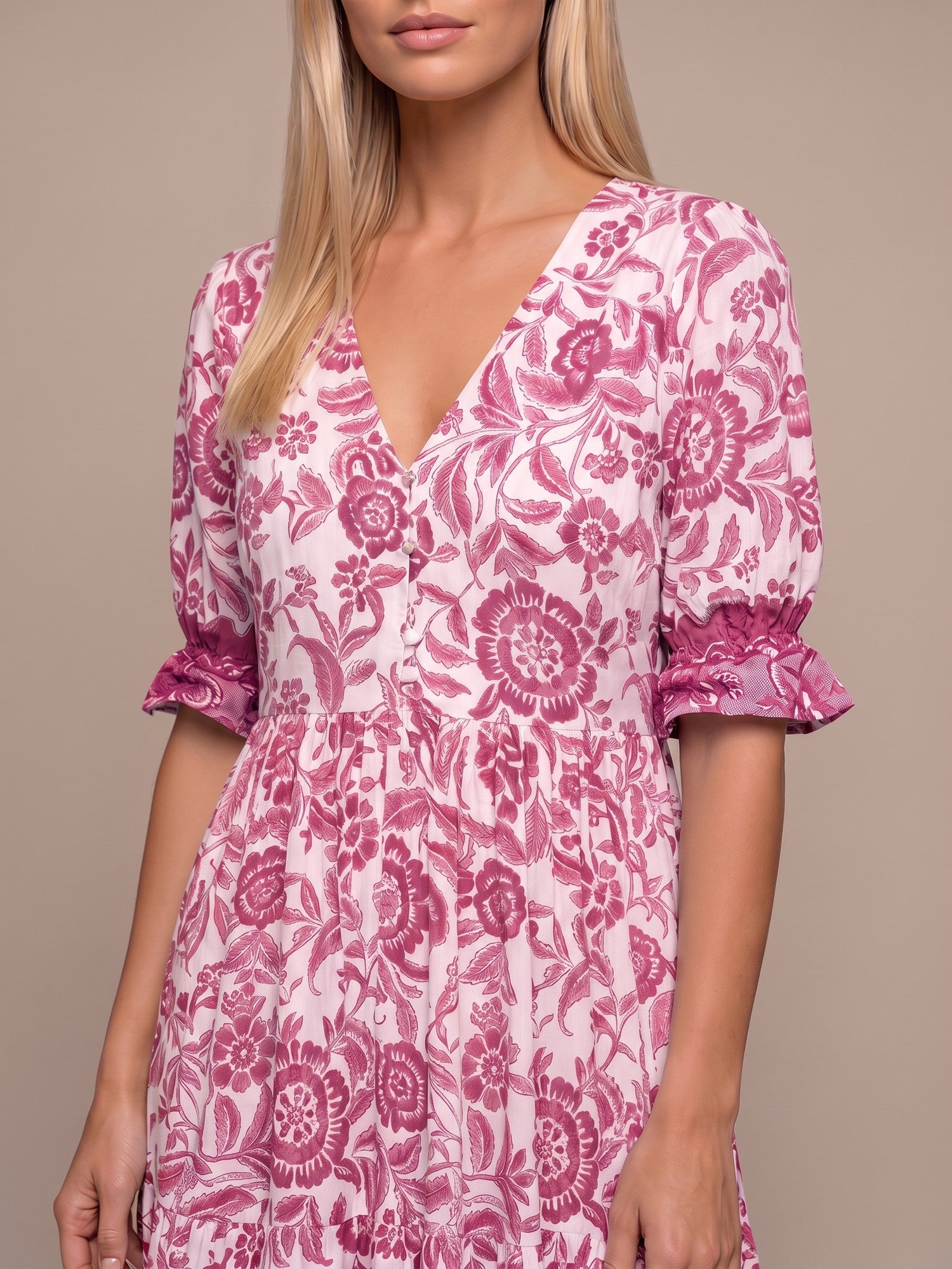 Manoli | Vestido Midi Floral con Cuello en V - Rosa