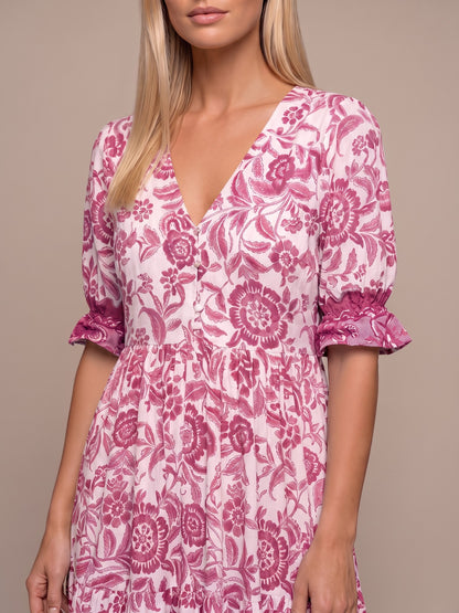 Manoli | Vestido Midi Floral con Cuello en V - Rosa