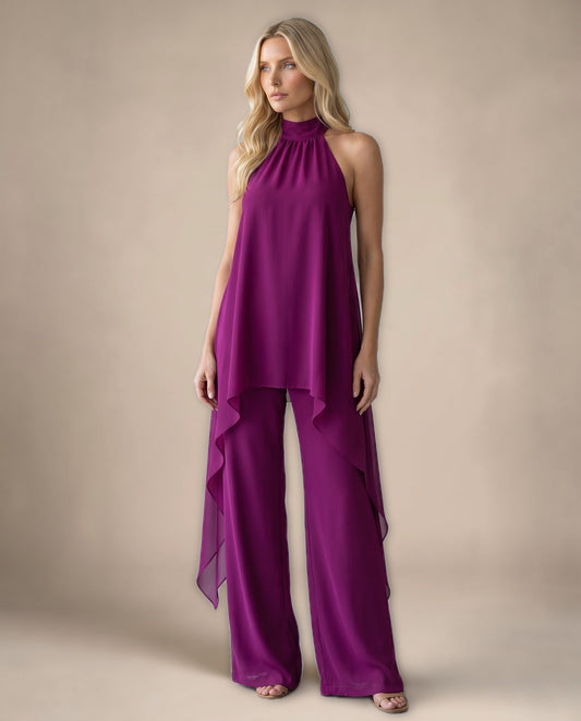 Conjunto Halter de Gasa y Pantalón Palazzo