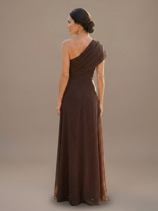 Vestido Largo de Un Hombro Drapeado - Marrón Chocolate